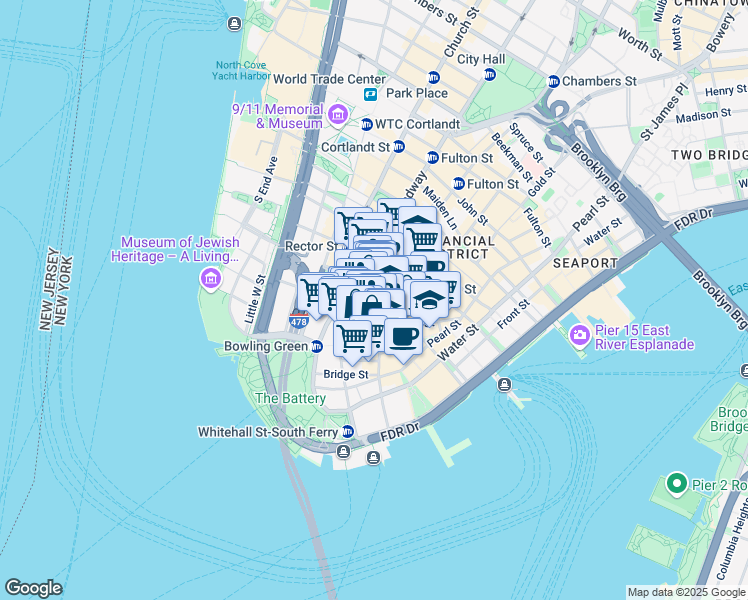 map of restaurants, bars, coffee shops, grocery stores, and more near 40 Broad Street in New York