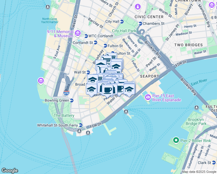 map of restaurants, bars, coffee shops, grocery stores, and more near Wall Street in New York