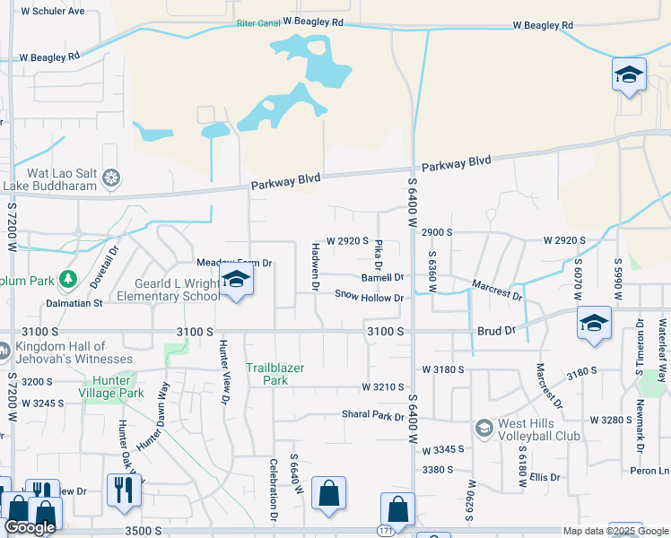 map of restaurants, bars, coffee shops, grocery stores, and more near 6554 Bamell Drive in Salt Lake City