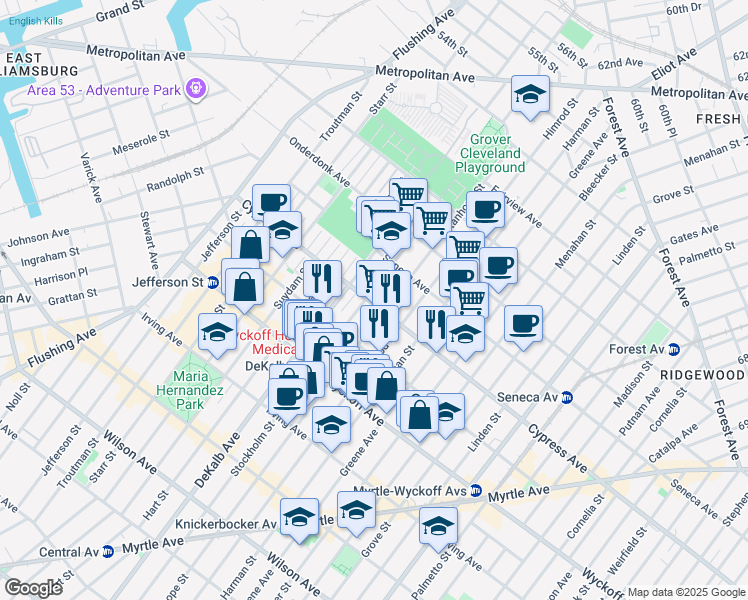 map of restaurants, bars, coffee shops, grocery stores, and more near 418 Stanhope Street in Brooklyn