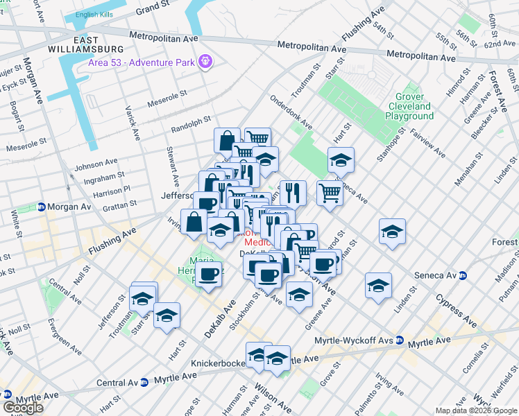 map of restaurants, bars, coffee shops, grocery stores, and more near 404 Suydam Street in Brooklyn