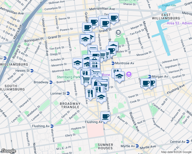 map of restaurants, bars, coffee shops, grocery stores, and more near in Brooklyn