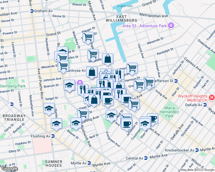 map of restaurants, bars, coffee shops, grocery stores, and more near 12 Harrison Place in Brooklyn