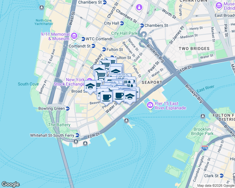 map of restaurants, bars, coffee shops, grocery stores, and more near Pearl St & Pine St in New York