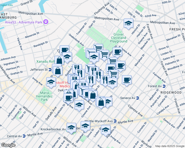 map of restaurants, bars, coffee shops, grocery stores, and more near 418 Stanhope Street in Brooklyn