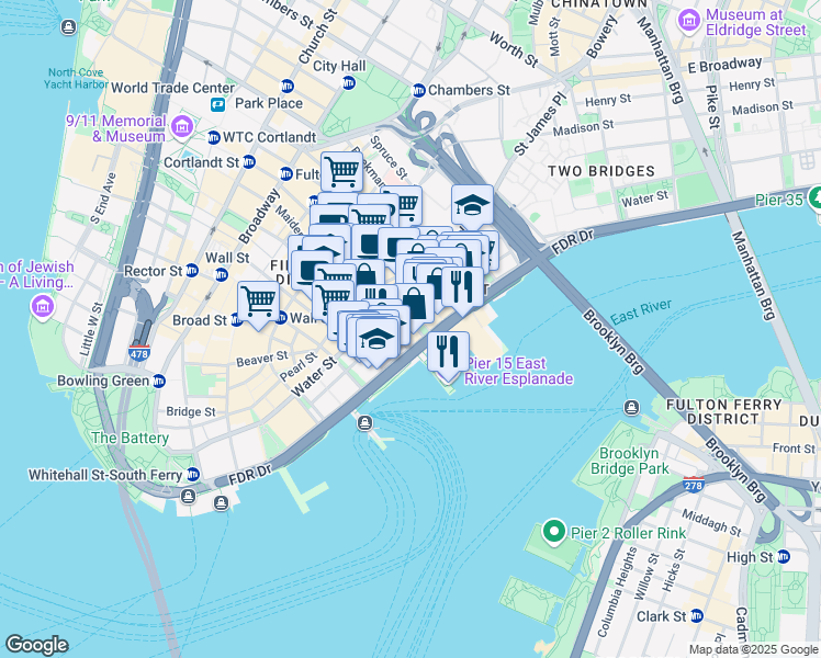 map of restaurants, bars, coffee shops, grocery stores, and more near 166 John Street in New York