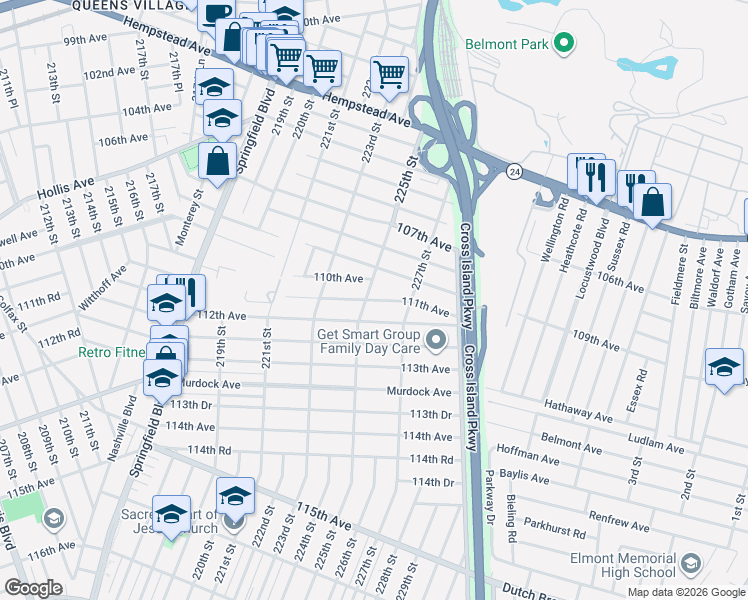 map of restaurants, bars, coffee shops, grocery stores, and more near 225-27 112th Avenue in Queens