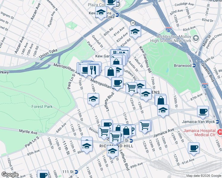 map of restaurants, bars, coffee shops, grocery stores, and more near in Queens