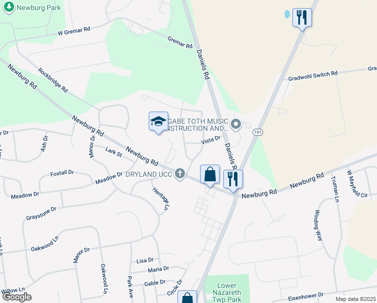 map of restaurants, bars, coffee shops, grocery stores, and more near 462 School House Road in Nazareth