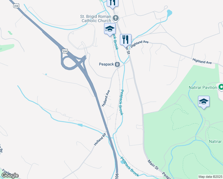 map of restaurants, bars, coffee shops, grocery stores, and more near 25 Holland Avenue in Peapack and Gladstone