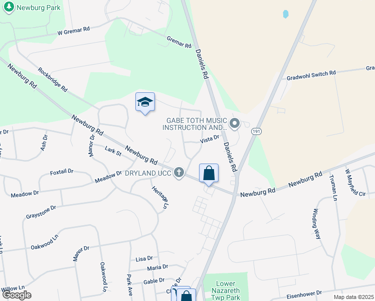 map of restaurants, bars, coffee shops, grocery stores, and more near 462 School House Road in Nazareth