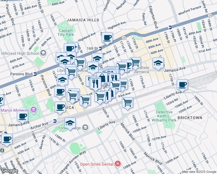 map of restaurants, bars, coffee shops, grocery stores, and more near 92-18 168th Street in Queens