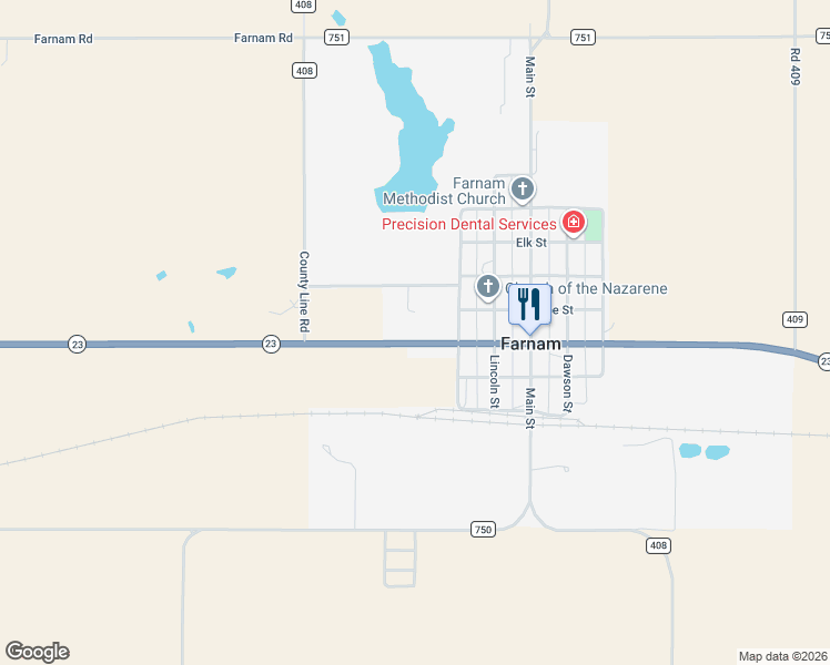 map of restaurants, bars, coffee shops, grocery stores, and more near 602 Moose Street in Farnam