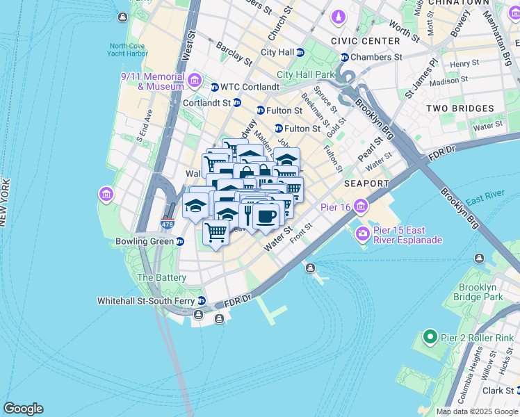 map of restaurants, bars, coffee shops, grocery stores, and more near 19 William Street in New York