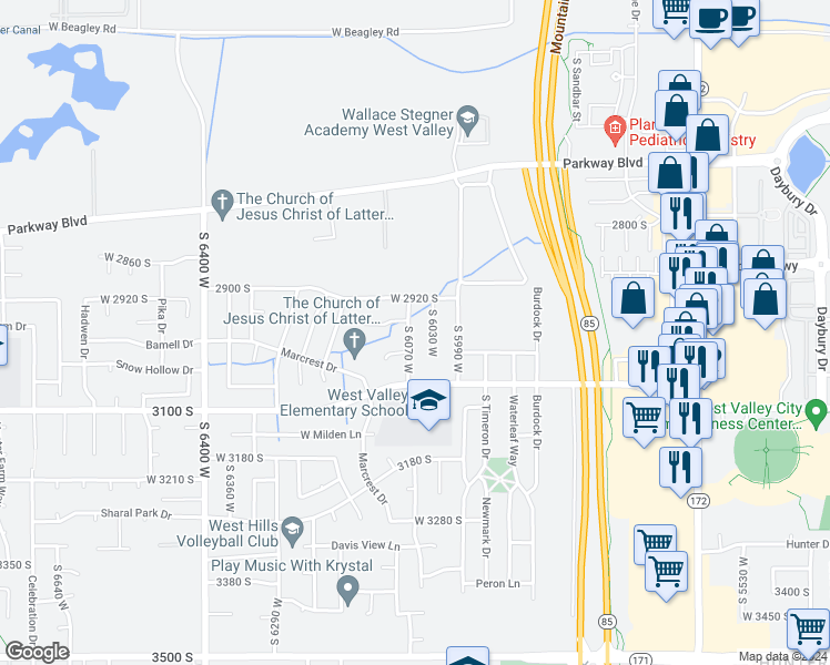 map of restaurants, bars, coffee shops, grocery stores, and more near 2973 South 6070 West in West Valley City
