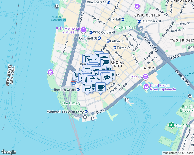 map of restaurants, bars, coffee shops, grocery stores, and more near 60 Broad Street in New York