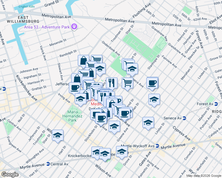 map of restaurants, bars, coffee shops, grocery stores, and more near 1036 Hart Street in Brooklyn