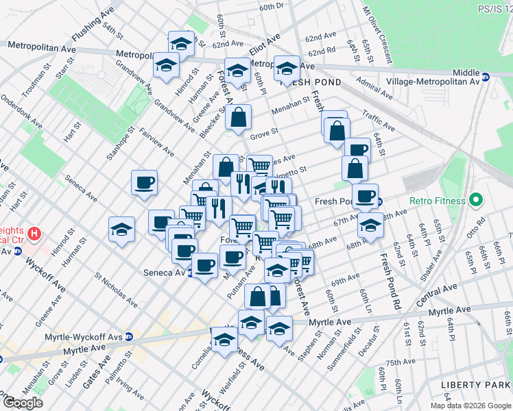 map of restaurants, bars, coffee shops, grocery stores, and more near 218 Woodbine Street in Queens