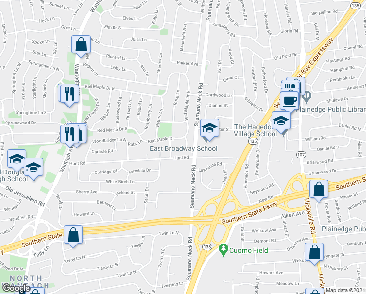 map of restaurants, bars, coffee shops, grocery stores, and more near 18 Round Lane in Levittown