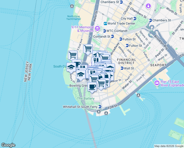 map of restaurants, bars, coffee shops, grocery stores, and more near 25 Broadway in New York