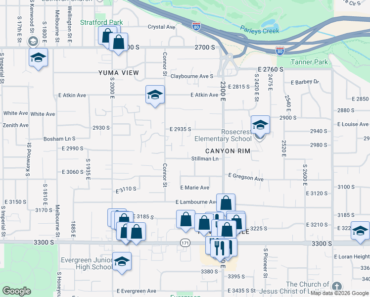 map of restaurants, bars, coffee shops, grocery stores, and more near 2195 Stillman Lane in Salt Lake City