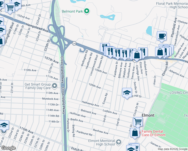 map of restaurants, bars, coffee shops, grocery stores, and more near 106 Sussex Road in Elmont