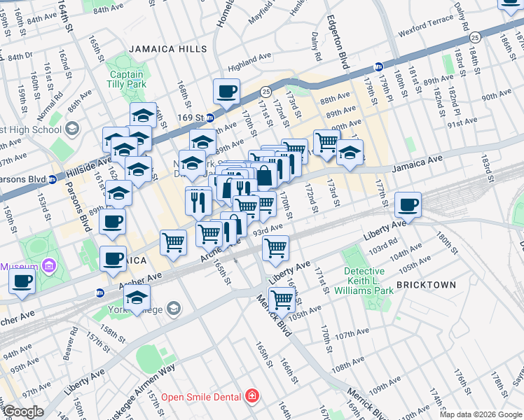 map of restaurants, bars, coffee shops, grocery stores, and more near 92-38 168th Place in Queens
