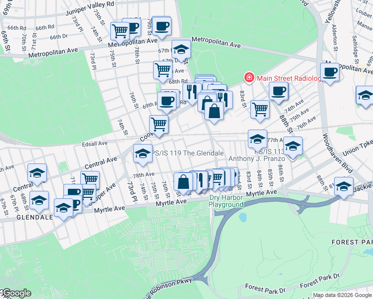 map of restaurants, bars, coffee shops, grocery stores, and more near 77-49 79th Place in Queens