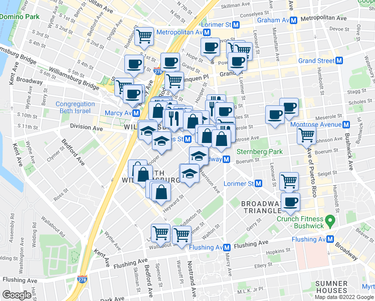 map of restaurants, bars, coffee shops, grocery stores, and more near 43 Harrison Avenue in Brooklyn