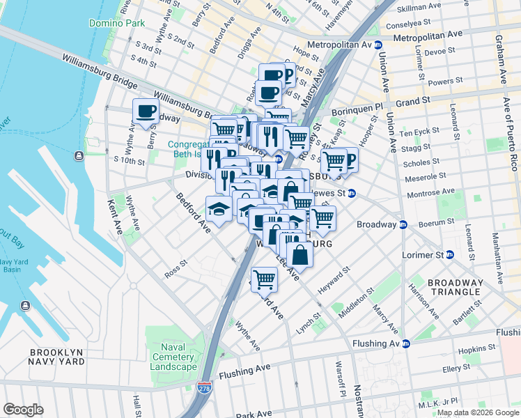 map of restaurants, bars, coffee shops, grocery stores, and more near in Brooklyn