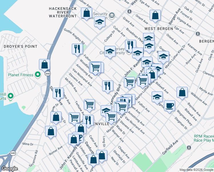 map of restaurants, bars, coffee shops, grocery stores, and more near 255 Armstrong Avenue in Jersey City