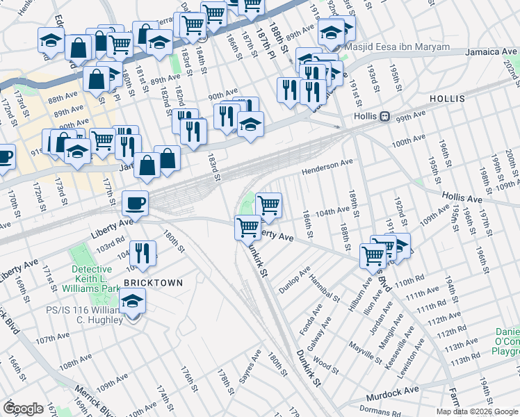 map of restaurants, bars, coffee shops, grocery stores, and more near 102-42 183rd Place in Queens