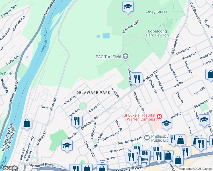 map of restaurants, bars, coffee shops, grocery stores, and more near 340 Park Avenue in Phillipsburg