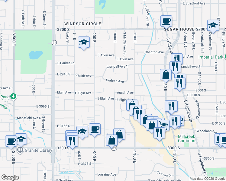 map of restaurants, bars, coffee shops, grocery stores, and more near 2998 South 1000 East in Salt Lake City