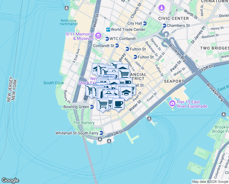 map of restaurants, bars, coffee shops, grocery stores, and more near 25 Broad Street in New York