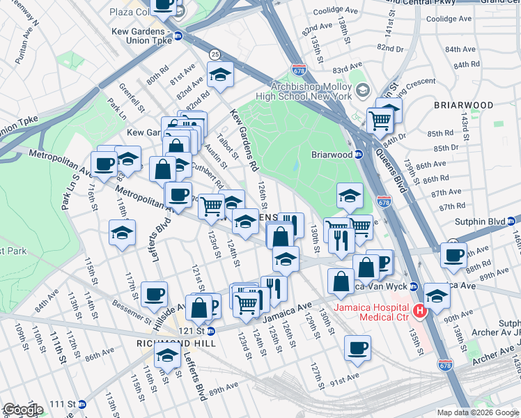 map of restaurants, bars, coffee shops, grocery stores, and more near 84-81 126th Street in Queens