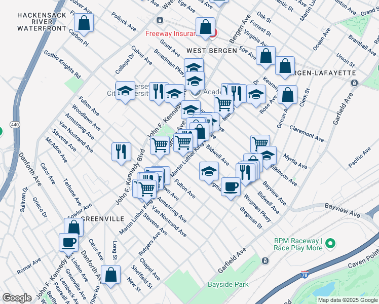 map of restaurants, bars, coffee shops, grocery stores, and more near 181 Martin Luther King Drive in Jersey City
