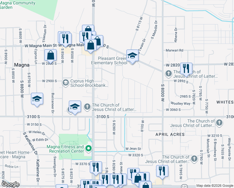 map of restaurants, bars, coffee shops, grocery stores, and more near 2977 South Breeze Drive in Magna