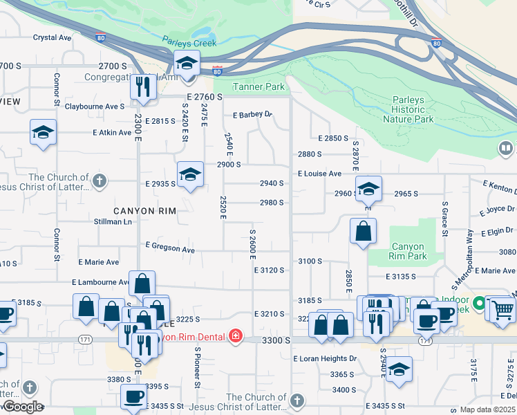 map of restaurants, bars, coffee shops, grocery stores, and more near 2616 2980 South in Salt Lake City