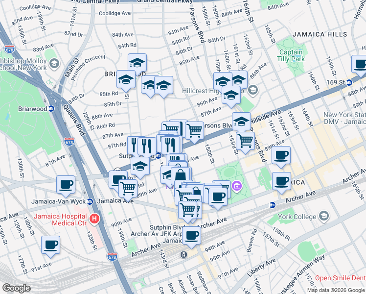 map of restaurants, bars, coffee shops, grocery stores, and more near Hillside Avenue & 148th Street in Queens