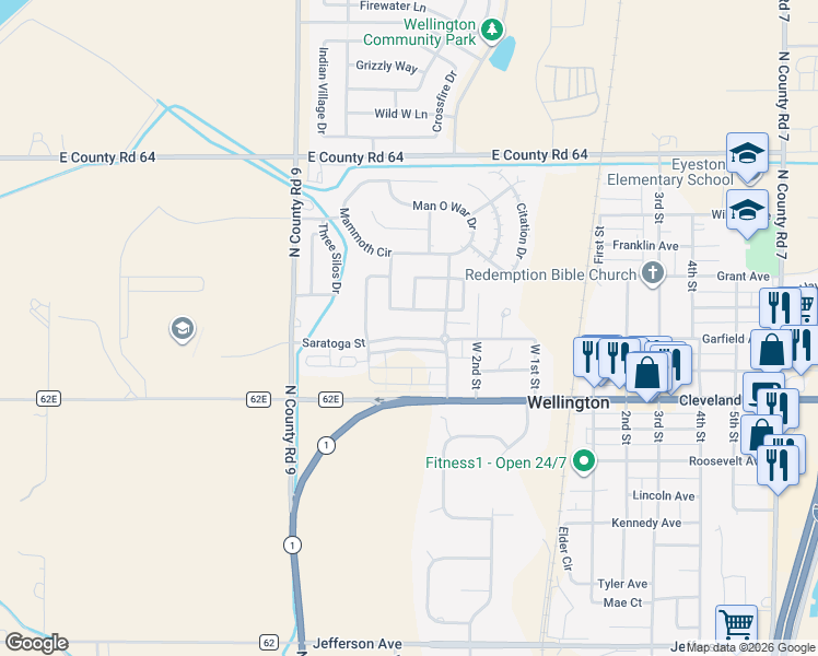 map of restaurants, bars, coffee shops, grocery stores, and more near 3350 Saratoga Street in Wellington