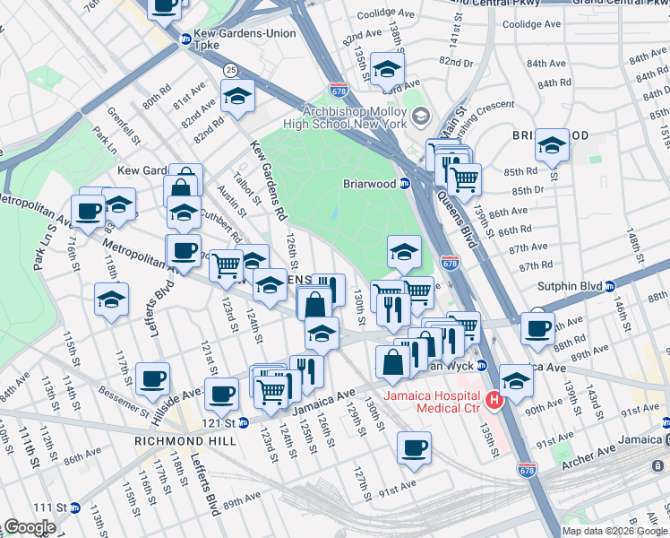 map of restaurants, bars, coffee shops, grocery stores, and more near 84-48 129th Street in Queens