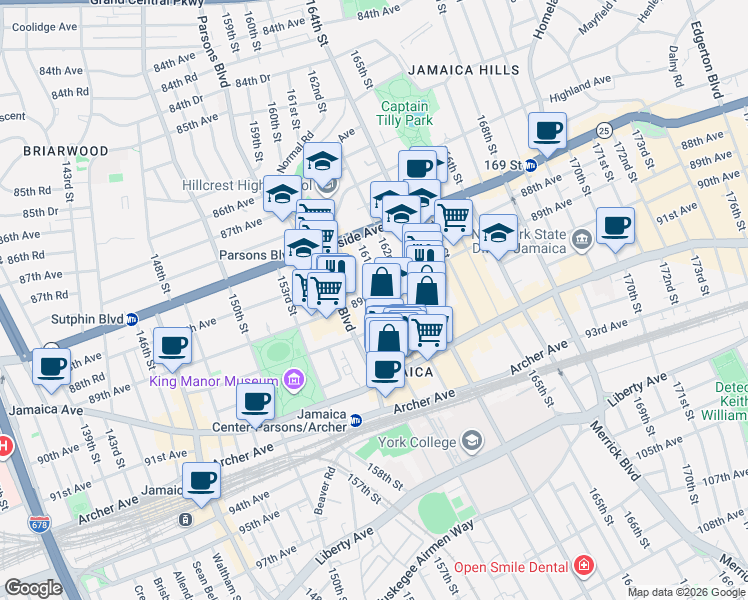 map of restaurants, bars, coffee shops, grocery stores, and more near 160-10 89th Avenue in Queens