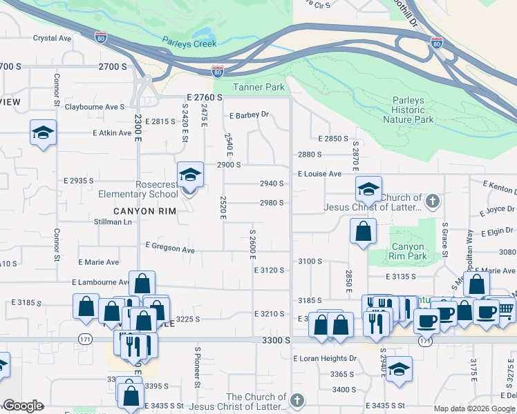 map of restaurants, bars, coffee shops, grocery stores, and more near 2599 East 3020 South in Salt Lake City
