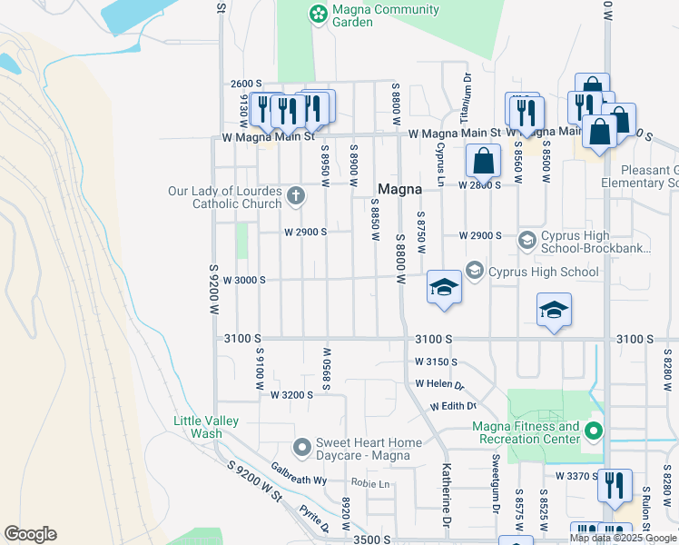 map of restaurants, bars, coffee shops, grocery stores, and more near 3022 South 8900 West in Magna