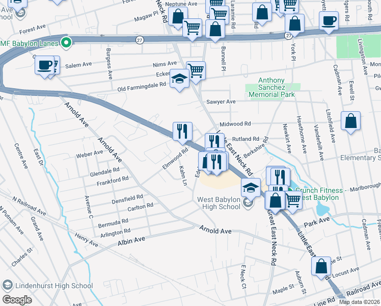 map of restaurants, bars, coffee shops, grocery stores, and more near 6 Quaker Court in West Babylon