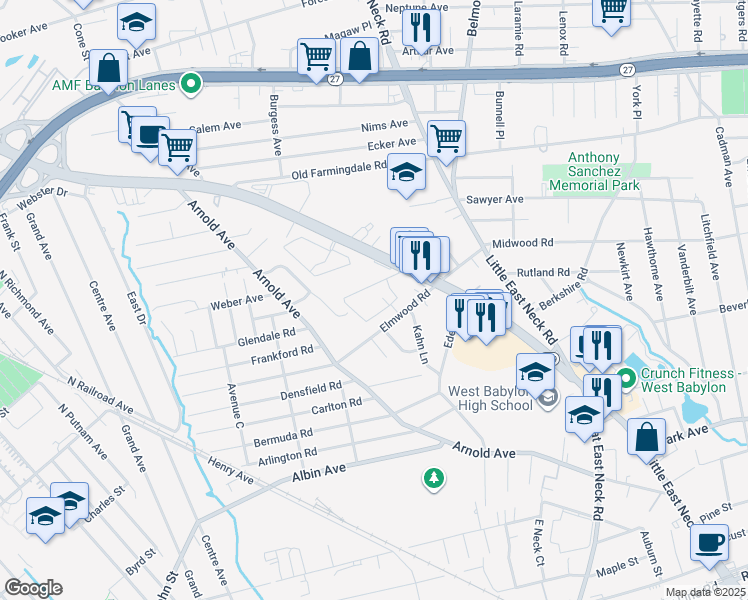 map of restaurants, bars, coffee shops, grocery stores, and more near 50 Rosella Court in West Babylon