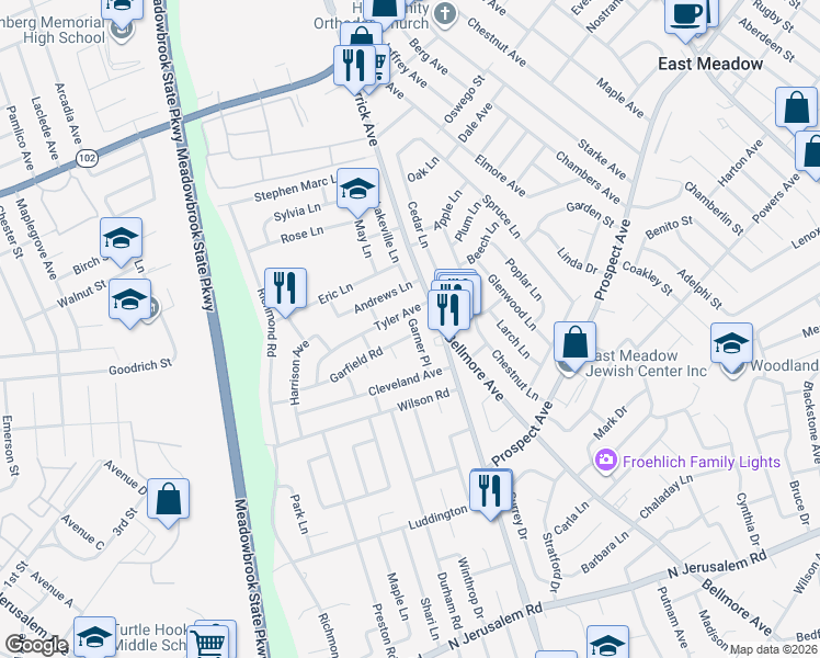 map of restaurants, bars, coffee shops, grocery stores, and more near 640 Garner Place in East Meadow