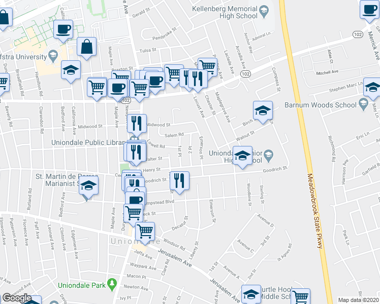 map of restaurants, bars, coffee shops, grocery stores, and more near 407 2 Place in Uniondale