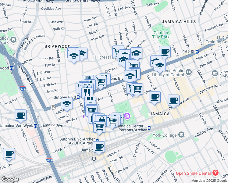 map of restaurants, bars, coffee shops, grocery stores, and more near 150-02 88th Avenue in Queens